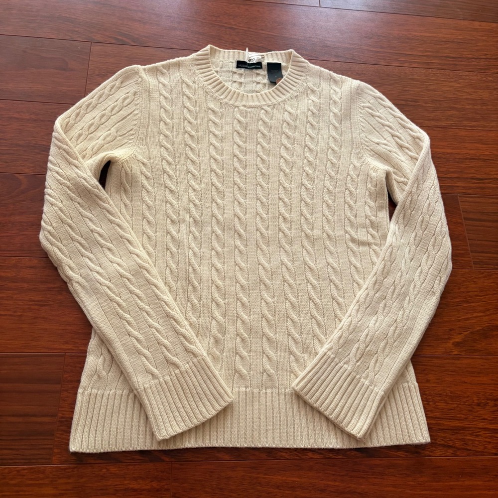 Y2K Fishermen Style Cream Cable Knit Wool Blend Crewneck Sweater Size